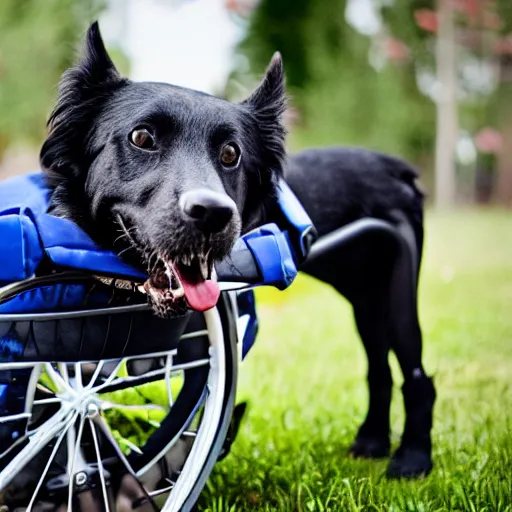 Image similar to retarded dog in wheelchair, realistic photography