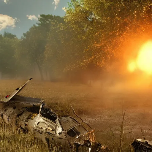 Image similar to war torn battlefield outside of a forest, crashed plane, dragon flies overhead, golden hour, ray tracing reflection, 8k, hyper realistic, insainly detailed, hdr, octan render,