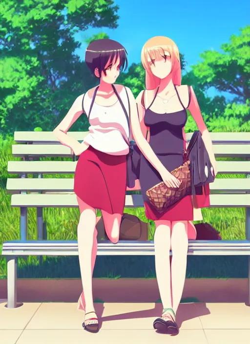 Image similar to two beautiful mothers waiting at a bus stop, summer clothes, gorgeous faces, smooth, thick lines, cinematic lighting, detailed anime art