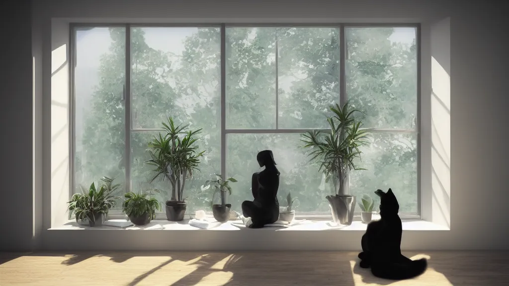 Prompt: peaceful dreamy painting of a beautiful young woman sitting with her black cat, sunshine coming through the window, small plants on the window sill, 8k, hyper realism, trending on artstation, octane render, dynamic lighting