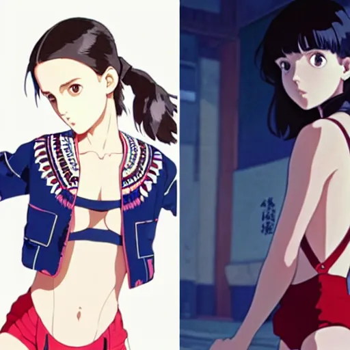 Image similar to a beautiful! boyish! natalie portman alluring gravure! model, wearing oversized mayan bomber jacket and leotard with overalls, bulky poofy bomber jacket with mayan patterns, aztec street fashion, gapmoe yandere grimdark, painted by greg rutkowski makoto shinkai takashi takeuchi studio ghibli, akihiko yoshida