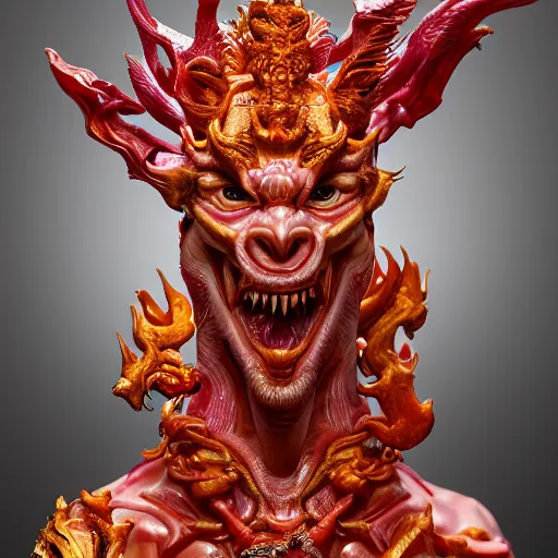 Image similar to a closeup portrait photo, alabaster and ruby real delicate ceramic porcelain sculpture of an ornate detailed humanoid dragon demon devil god in front of an intricate background by rafael, micro detail, backlit lighting, subsurface scattering, translucent, thin porcelain, fire, flames, amber, octane renderer, colorful, physically based rendering, trending on cgsociety