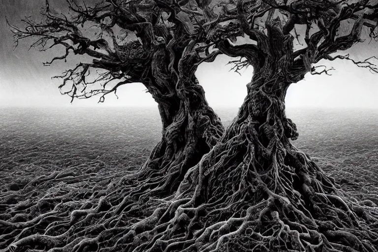 Prompt: in the black storm, gnarled trees on a darkling plain, tree roots, drawn by christan delort and jean gireaud, graphic black and white, low camera, wide angle, centered composition, golden ratio