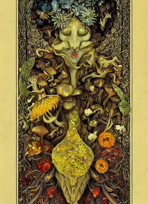 Prompt: arabesques grotesque painting with mushrooms, dandelions, crystals, faces, by james jean and hiroshi yoshida and brian froud, photo, textured