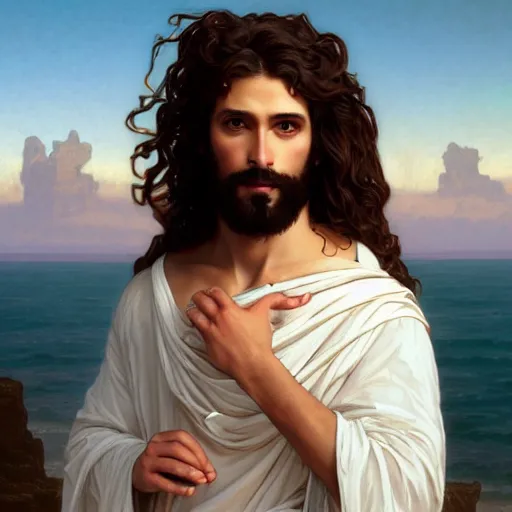 Prompt: a ridiculously good looking jesus that looks like a jewish gigachad, long curly hair, elegant ancient greek dress, very detailed, coast as the background, beautiful, intricate, cinematic, artstation, william bouguereau, alphonse mucha, greg rutkowski, rossdraws, octane render