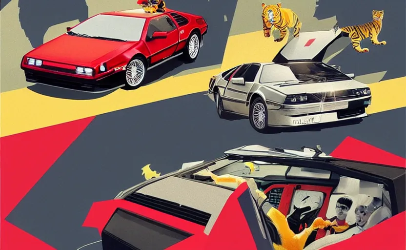 Image similar to a red delorean with a yellow tiger, art by hsiao - ron cheng & shinya edaki in magazine collage style # de 9 5 f 0