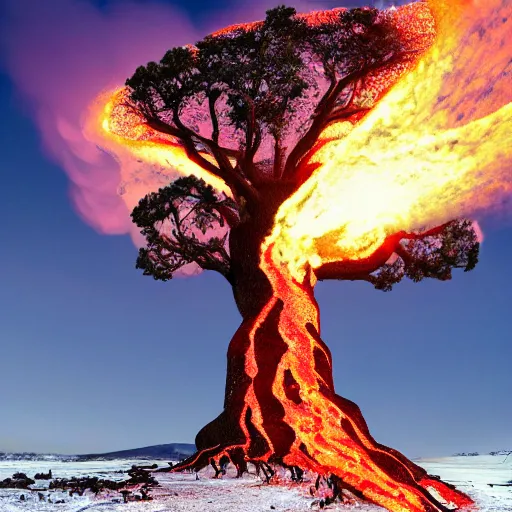 Prompt: giant tree of life being consumed by ice lava