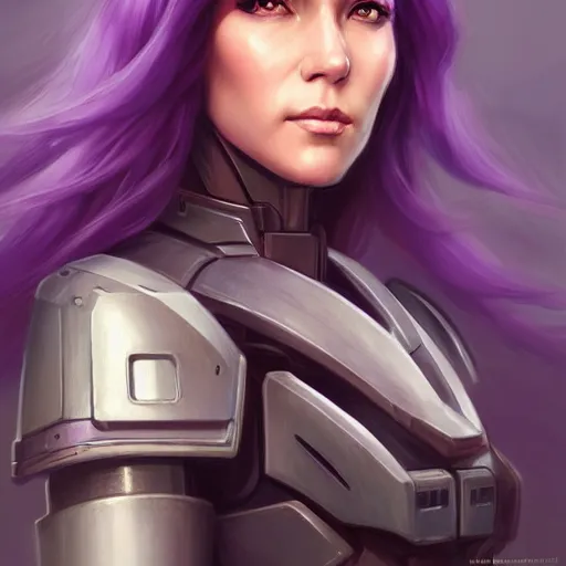 Image similar to a portrait of a very beautiful woman in battletech elemental clanner clan battle armor, Alexandria\'s genesis, chin-length purple hair, bored, illustration, soft lighting, soft details, painting oil on canvas by mark arian by artgerm, trending on artstation, 4k, 8k, HD