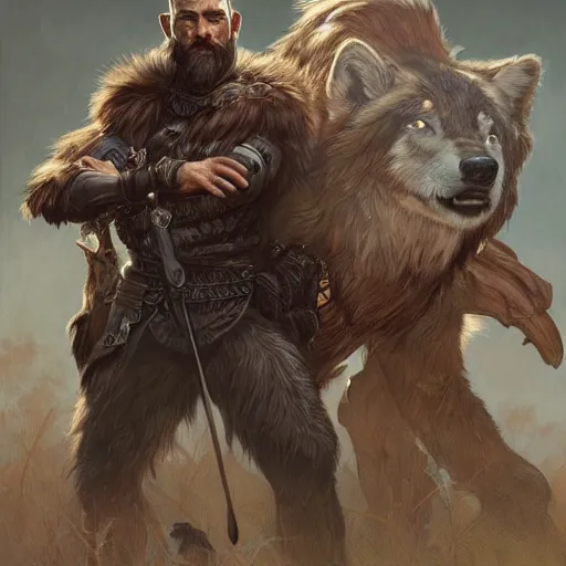 Image similar to portrait of a gruff ranger with wolf companion, muscular, upper body, hairy body, D&D, fantasy, intricate, elegant, highly detailed, digital painting, artstation, concept art, matte, sharp focus, illustration, art by Artgerm and Greg Rutkowski and Alphonse Mucha