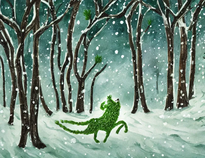 Prompt: lush green chia pet animal frolicking in snowy woods, stormy skies. russian fairytale art, gouache, dynamic composition, backlighting