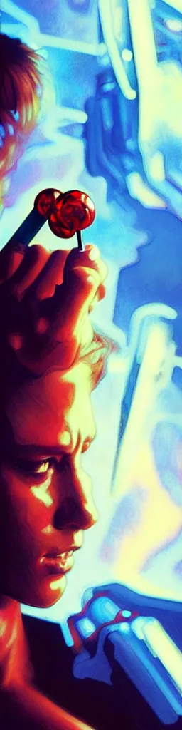 Image similar to The Terminator holding a lollypop, sharp focus, intricate, elegant, digital painting, artstation, matte, highly detailed, concept art, illustration, volumetric lighting, red blue color scheme, art by artgerm, Alphonse mucha, and Greg Rutkowski