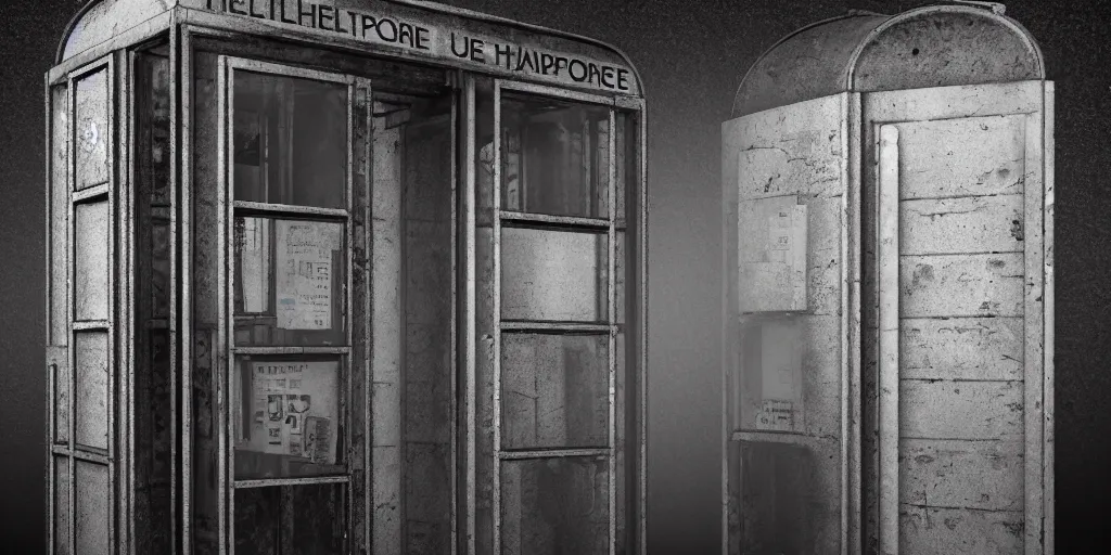 Prompt: an abandoned and deserted telephone booth in the dark of the night, weird, haunted, misty, dark and evil, demonic, sinister, ambient lighting, 8 k render, hyper realistic, photo realistic, unreal engine 5 render