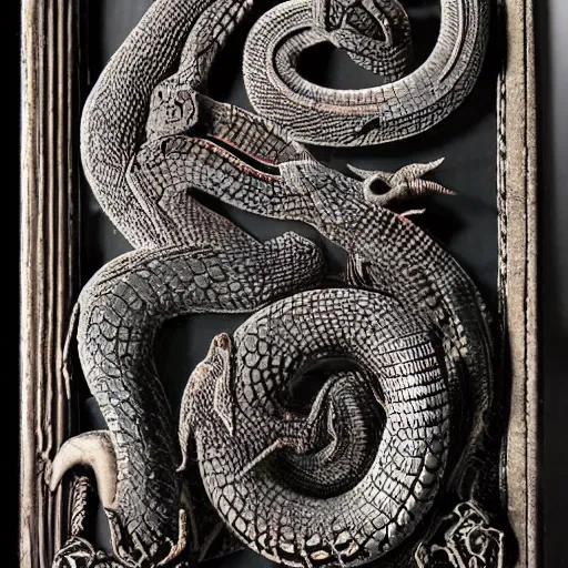 Image similar to serpent king : : grubby, volatile, highly detailed, maximalist : : obsidian carving : :