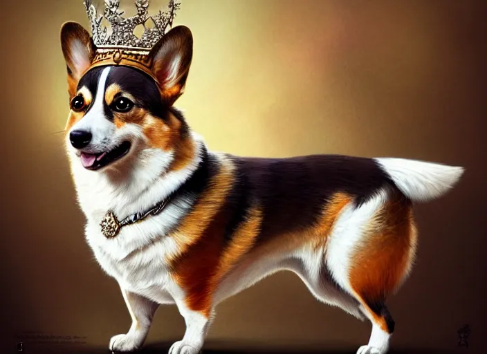 Prompt: highly detailed illustration of a portrait of a regal corgi wearing a crown, artstation, cinematic lighting, hyperdetailed, cgsociety, 8k, high resolution, Charlie Bowater, Tom Bagshaw, Norman Rockwell, insanely detailed and intricate