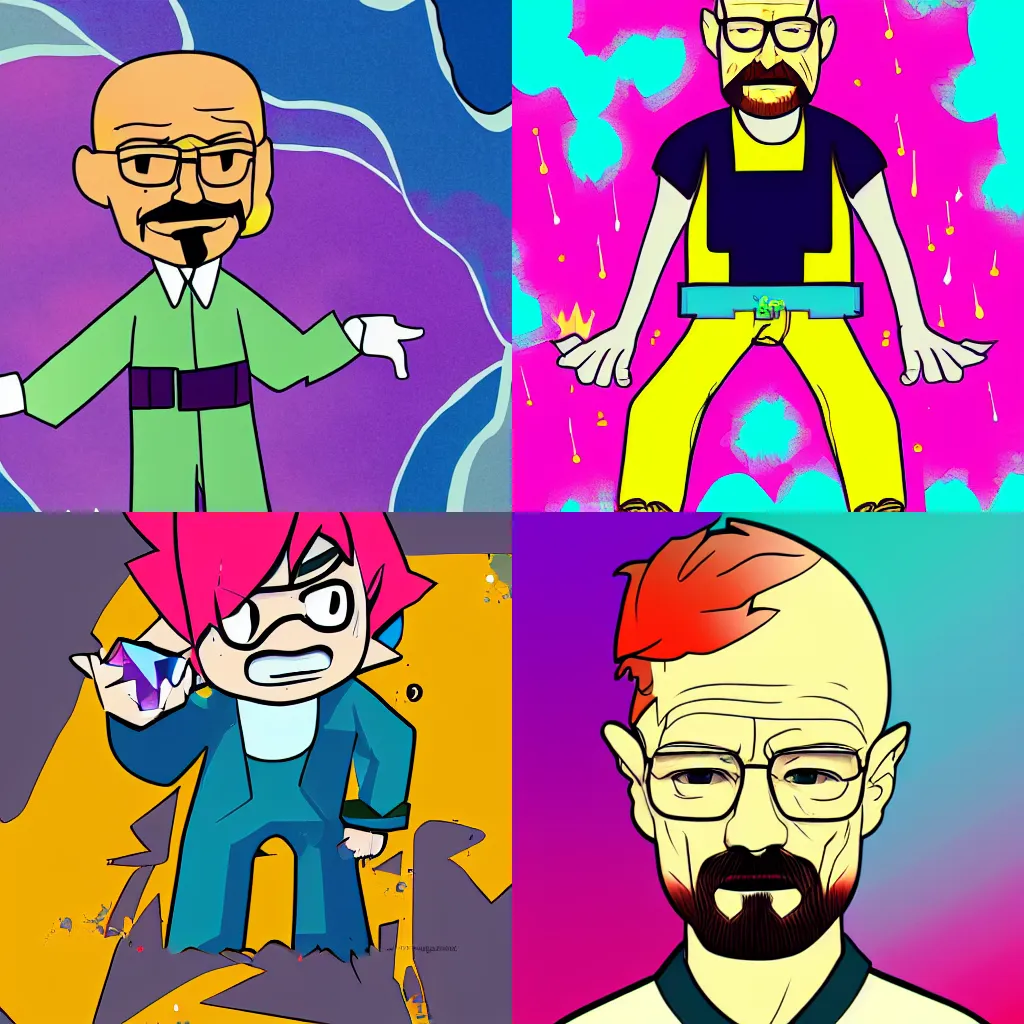 Prompt: walter white, highly stylized, steven universe, bright colors, saturated, digital art, panty & stocking