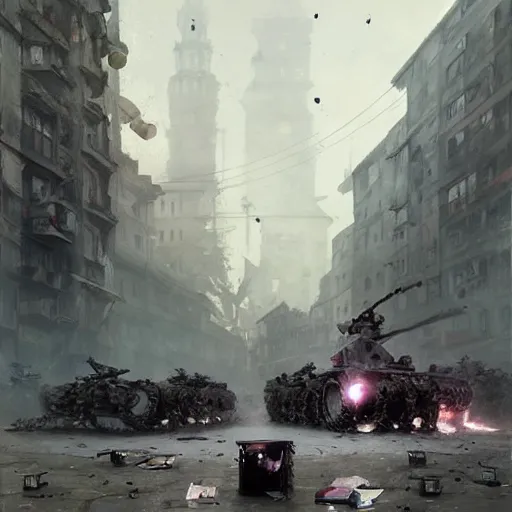 Prompt: spider robots terrorise streets of weimar germany and attack freikorps soldiers and civilians, intense heavy street battle, bullet hell, pile of bodies, art by greg rutkowski and jakub rozalski