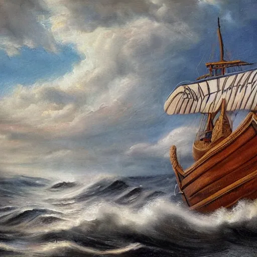 Prompt: viking longship in the sea, norse, history, wood, oil painting, waves, romanticism, clouds