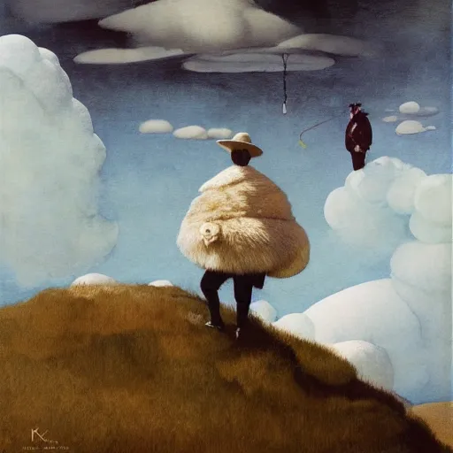 Image similar to Portrait of the Nimbus Cloud King wearing a poofy marshmallow coat whilst standing atop a cloud-covered mountain peak paul klee andrew wyeth edawrd hopper tom bagshaw stanton feng bastien lecouffe-deharme tombow oil painting