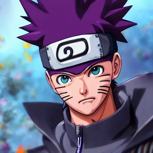 Image similar to close up portrait of a naruto in smooth purple ninja uniform, blue spiked hair, muscular, intense, body of an ultrafine hyperdetailed illustration by kim jung gi, irakli nadar, intricate linework, sharp focus, bright colors, octopath traveler, final fantasy, unreal engine 5, global illumination, radiant light.