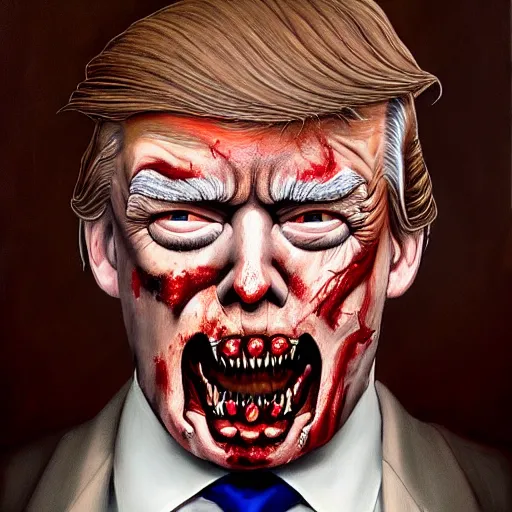 Image similar to painted portrait of donald j. trump as a zombie, 7 days to die zombie, fine art, soft light from the side, award winning, subtle earthy tones, intricate, elegant, sharp focus, cinematic lighting, digital painting, 8 k concept art, art by michael hussar, art by brom, art by z. w. gu, 8 k