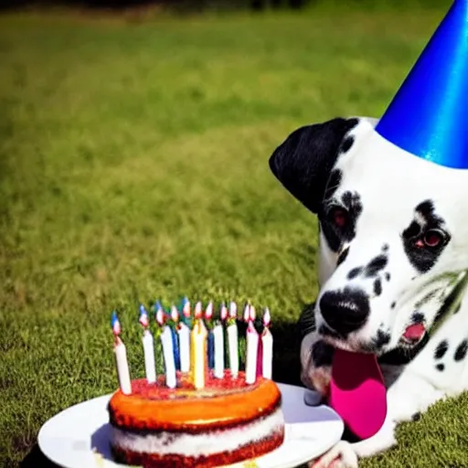 Image similar to photo of dalmatian dog with birthday hat eating a birthday cake,