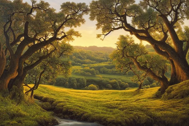 Image similar to masterpiece painting of oak trees on a hillside overlooking a creek, dramatic lighting, by alex gross