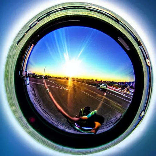 Image similar to corpulent trucker skydiving, fisheye lens