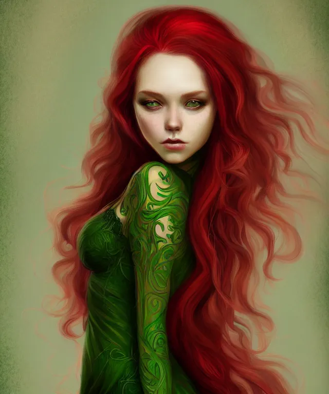 Image similar to Fae teenage girl, portrait, face, long red hair, green highlights, fantasy, intricate, elegant, highly detailed, digital painting, concept art, smooth