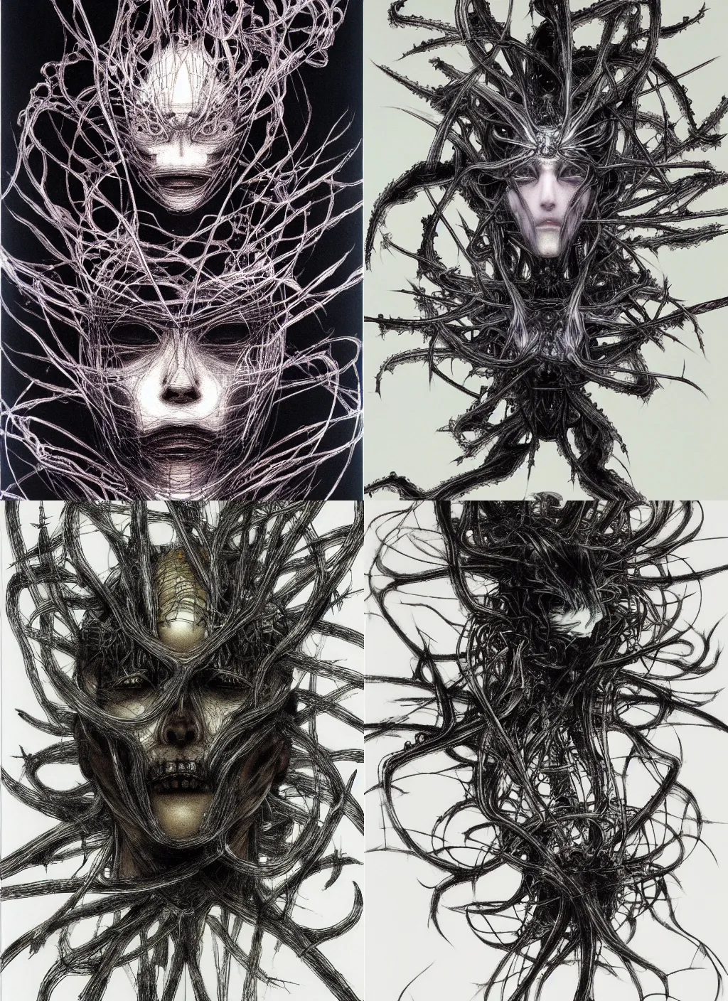 Image similar to portrait of yoshitaka amano's neural nightmare, stark composition