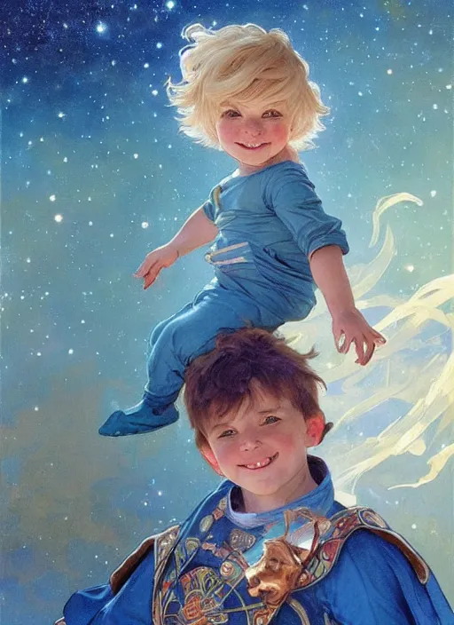 Image similar to a cute little boy with a mischievous face, blue eyes, and tousled blonde hair smiles as he floats in space with stars all around him. he is wearing a turquoise outfit. beautiful painting by artgerm and greg rutkowski and alphonse mucha