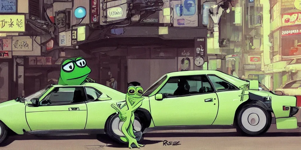 Prompt: pepe the frog posing next to a parked ae 8 6 on a tokyo street, digital painting, masterpiece, by ilya kuvshinov, by frank frazetta, by mbius, by reiq, by hayao miyazaki