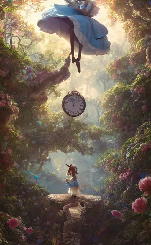 Prompt: alice in wonderland looking into a portal hopping and time warping with reckless abandon, masterpiece digital painting by Greg Rutkowski, Alex Grey, artstation, 4k wallpaper