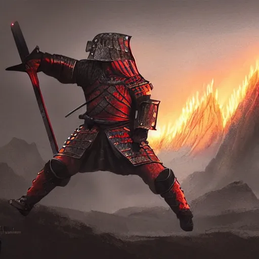 Prompt: medieval knight with a flaming greatsword dueling a samurai with a flaming katana at the foot of a mountain, concept art, matte painting, ultra fine detail, dark and gloomy