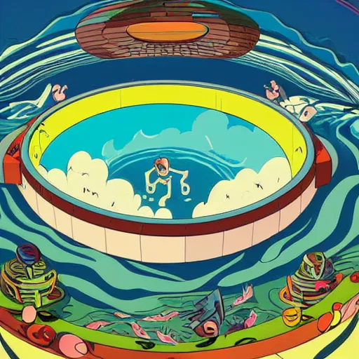 Image similar to colorful digital art, sony animation, mcbess illustration, a portal to another world, opened in the middle of a swimming pool