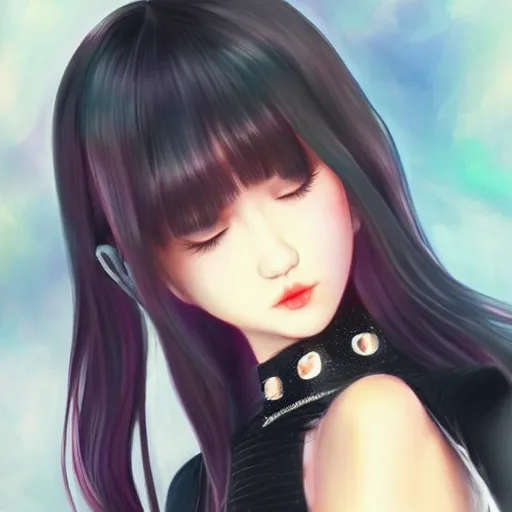 Image similar to realistic detailed semirealism beautiful gorgeous cute Blackpink Lalisa Manoban sleeping, black hair black cat ears, black leather choker, proportional body, WLOP, Aztodio, Taejune Kim, sakimichan, ArtGerm, Pixiv, Instagram, Artstation