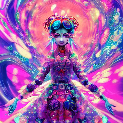 Image similar to artwork inspired by archan nair, james jean isolated deepdream vinyl figure harajuku anime character design, figure photography, dynamic pose, holographic undertones, glitter accents on figure, anime stylized, accurate fictional proportions, high delicate defined details, ethereal lighting