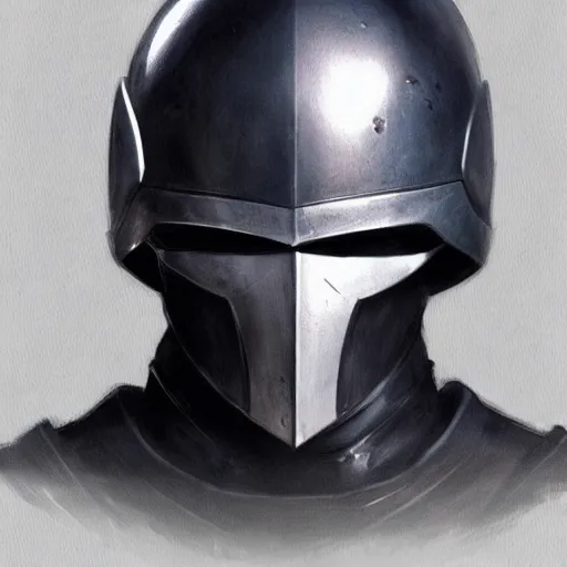 Image similar to man in crusader armor, helmet and white cape drawn by greg rutkowski realistic high detail