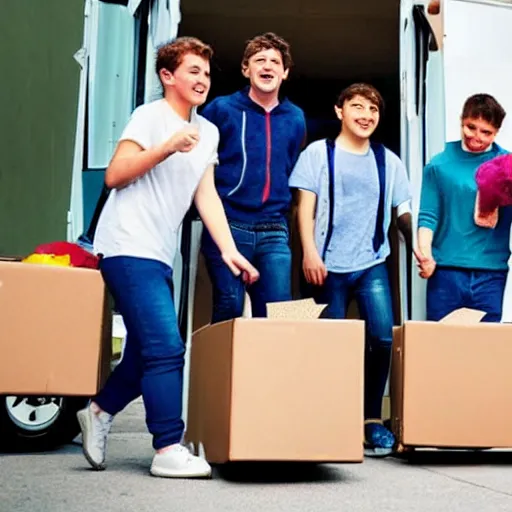 Image similar to 5 young disabled people with downsyndrome moving, they carry cardboard boxes