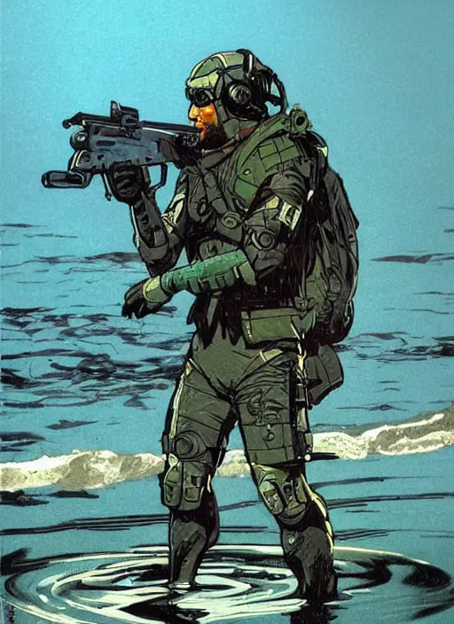 Image similar to Hector. USN blackops operator emerging from water at the shoreline. Agent wearing Futuristic wetsuit and looking at an abandoned shipyard. rb6s, MGS, and splinter cell Concept art by James Gurney, Alphonso Mucha. Vivid color scheme.