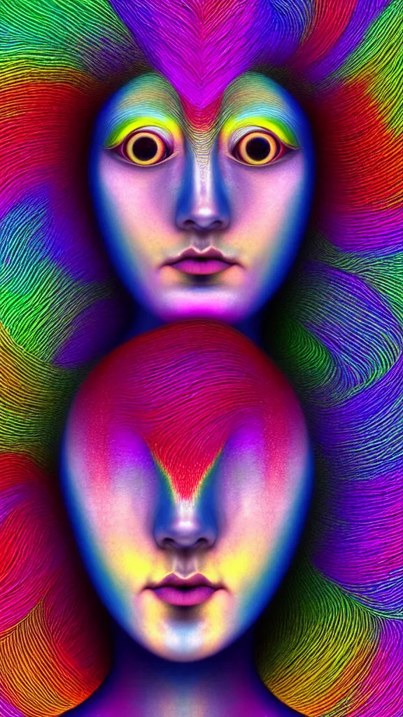Prompt: hyperrealistic abstract close-up female! portrait Renaissance psychedelic!! celestial happy! pure creature!! perfect!! face! peaceful! kind spirit of nature! beautiful fractal!! eyes! highly detailed concept art cinematic hard rainbow lighting high angle hd 8k sharp shallow depth of field endless, inspired by Ito Jakuchu and David Hockney