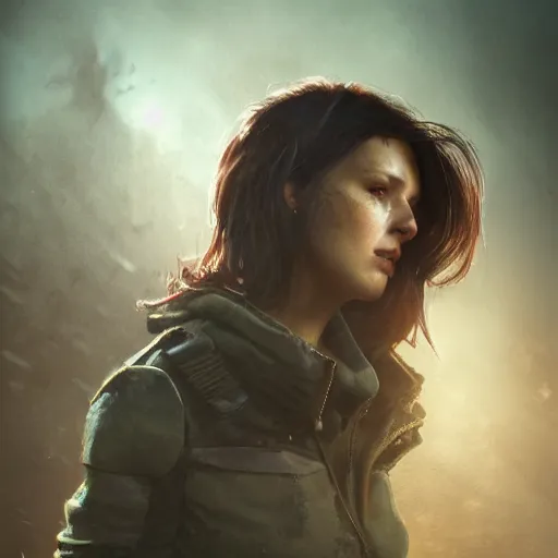 Image similar to fallout 5, charismatic beautiful rugged brunette female protagonist, portrait, indoor setting, atmospheric lighting, rim light, painted, intricate, volumetric lighting, beautiful, daytime, sunny weather, slight overcast, sharp focus, deep colours, ultra detailed, by leesha hannigan, ross tran, thierry doizon, kai carpenter, ignacio fernandez rios