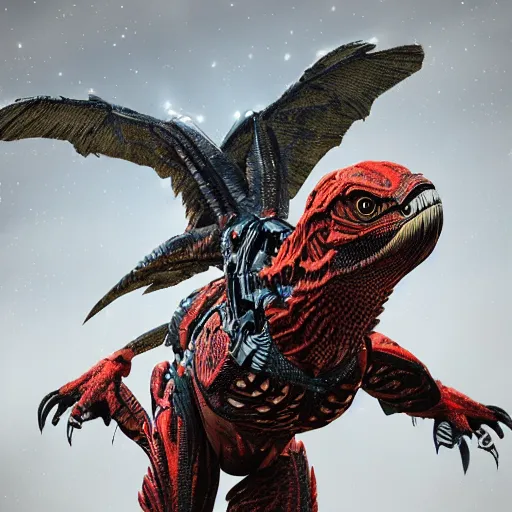 Prompt: 8k ultra realistic Illustration of a complete raptor with shining red eyes, detailed intricate ornate armour, decaing, cybernetic body, full of colour, cinematic lighting, battered, trending on artstation, 4k, hyperrealistic, focused, extreme details, unreal engine 5, cinematic, masterpiece