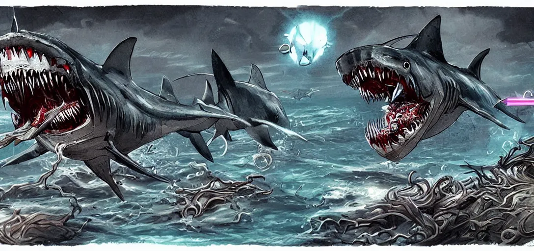 Image similar to concept art of shark attack, lovecraftian, lots of teeth, melting horror, fighting the horrors of the unknown with laser guns