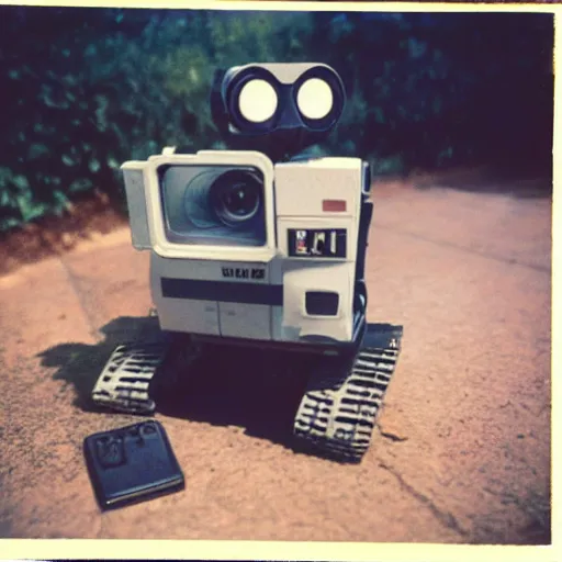 Prompt: WALL-E returning from the war, old polaroid