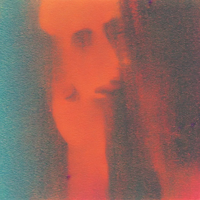 Image similar to a woman's face in the water, serene emotion, new polaroid, glitchy patterns, hazy, red, orange, yellow, soft lighting