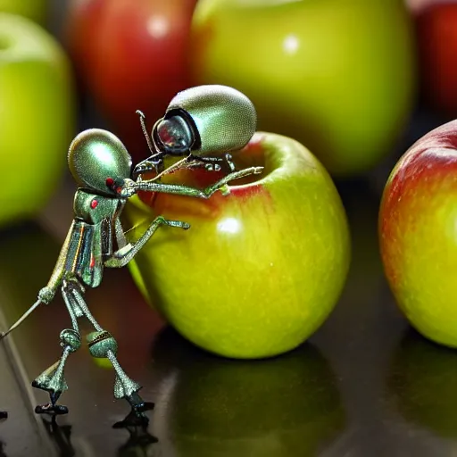 Image similar to apple consumed by army of tiny insectoid metallic robots