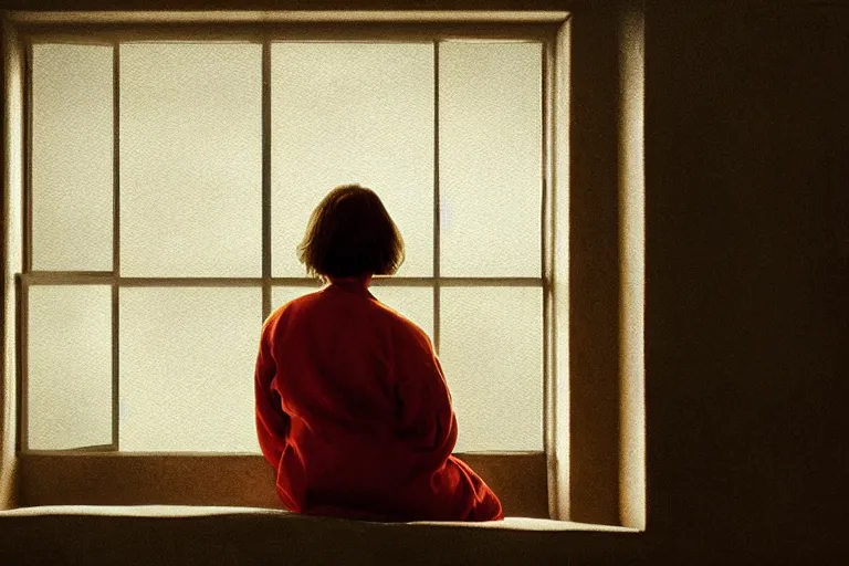 Image similar to a cinematic painting of an old female prisoner inside of jail cell looking out of a window onto a beautiful serene landscape, beautiful lighting, high depth, ultra realistic, artistic, by annie leibovitz, by gregory crewdson