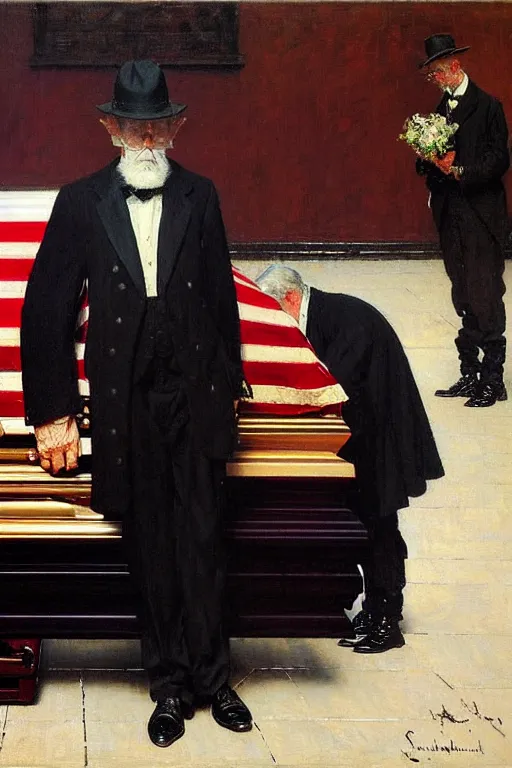 Image similar to a sad man mourning over a casket by sydney prior hall and alfred stevens and sherree valentine daines and norman rockwell, casket, highly detailed, deep shadows, accurate face, hyperrealism