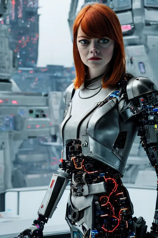 Prompt: emma stone as a cyberpunk warrior wearing armor made out of computer circuits standing on the command deck of a spaceship, cosplay, high resolution film still