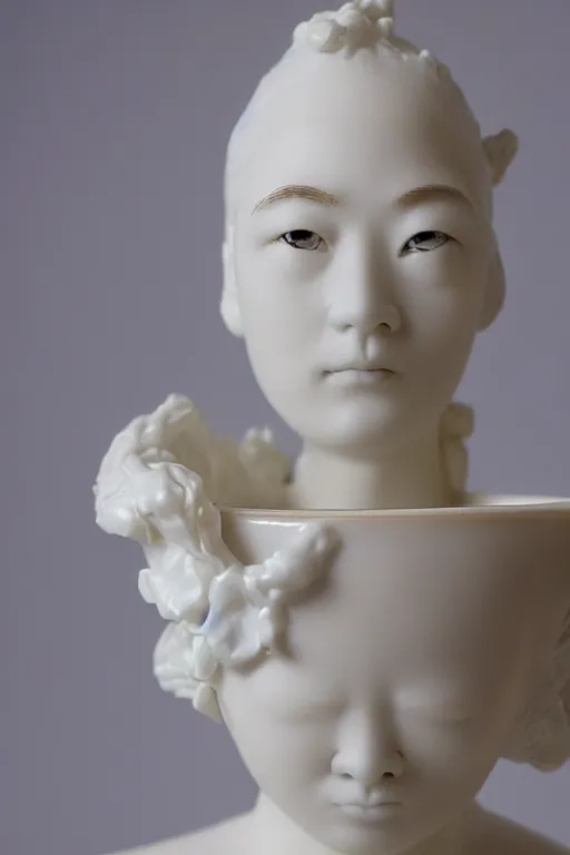 Image similar to full head and shoulders, beautiful female porcelain sculpture, smooth, painted willow tea cup features, delicate facial features, white eyes, white lashes, giant sculpture in ornate french ballroom, by daniel arsham and jeff moons